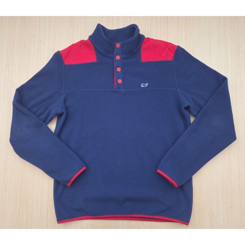 Vineyard Vines Mens Small Blue Red Colorblock Fleece Snap Pullover Whale Sweater